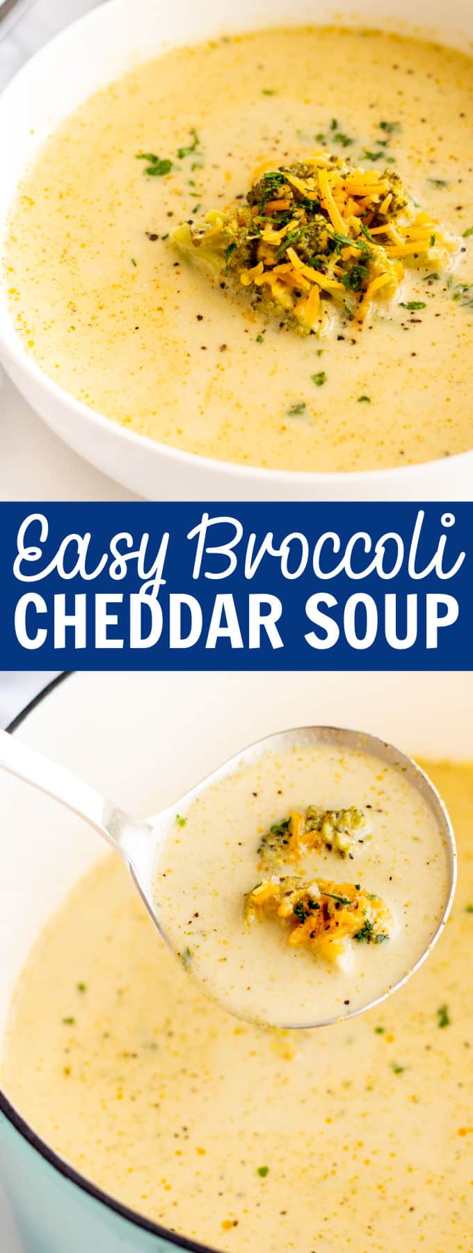 A white bowl of broccoli cheddar soup.