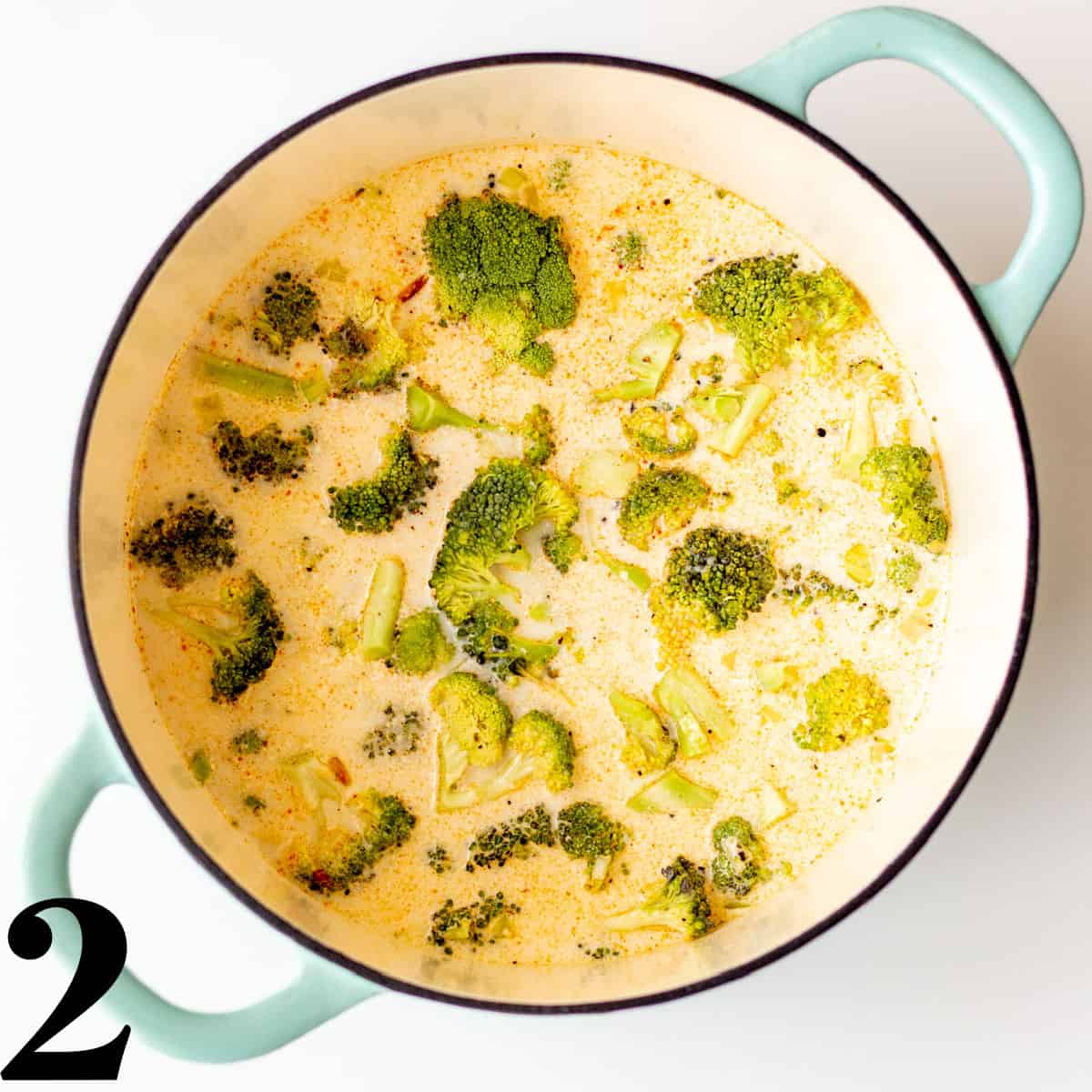 A dutch oven with soup and chunks of broccoli florets.