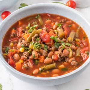 a close up of a bowl of cowboy soup.