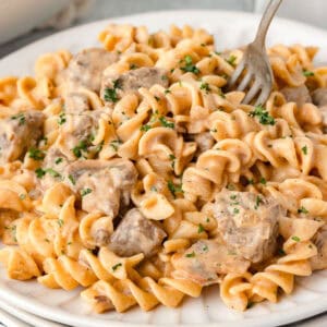 Egg noodles with beef on a plate with a fork scooping into it.