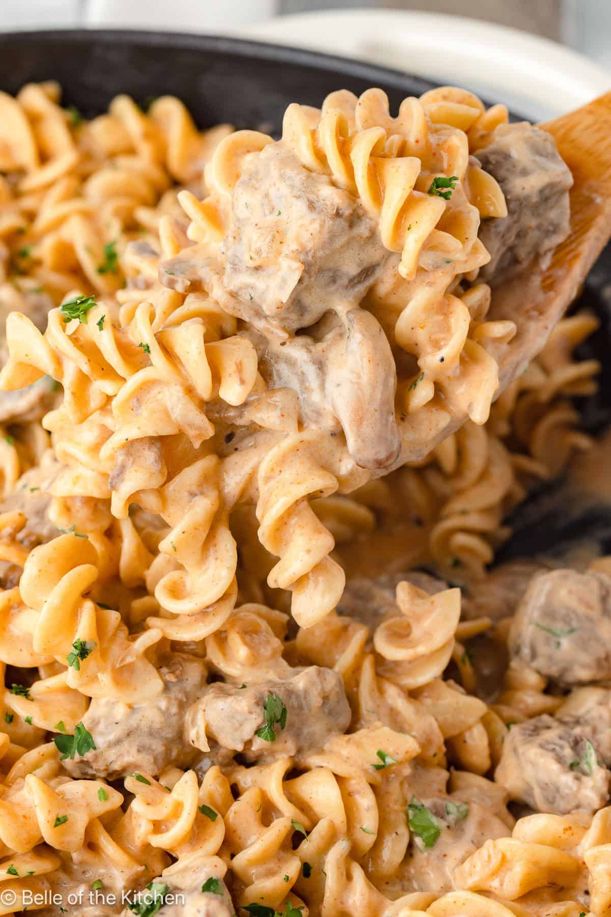 A wooden spoon scooping up beef and noodles.