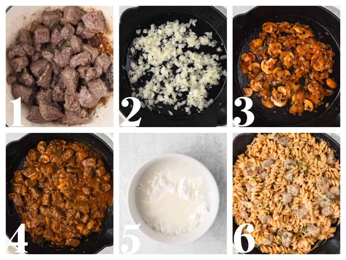 step by step photo collage for how to make beef tips and noodles.