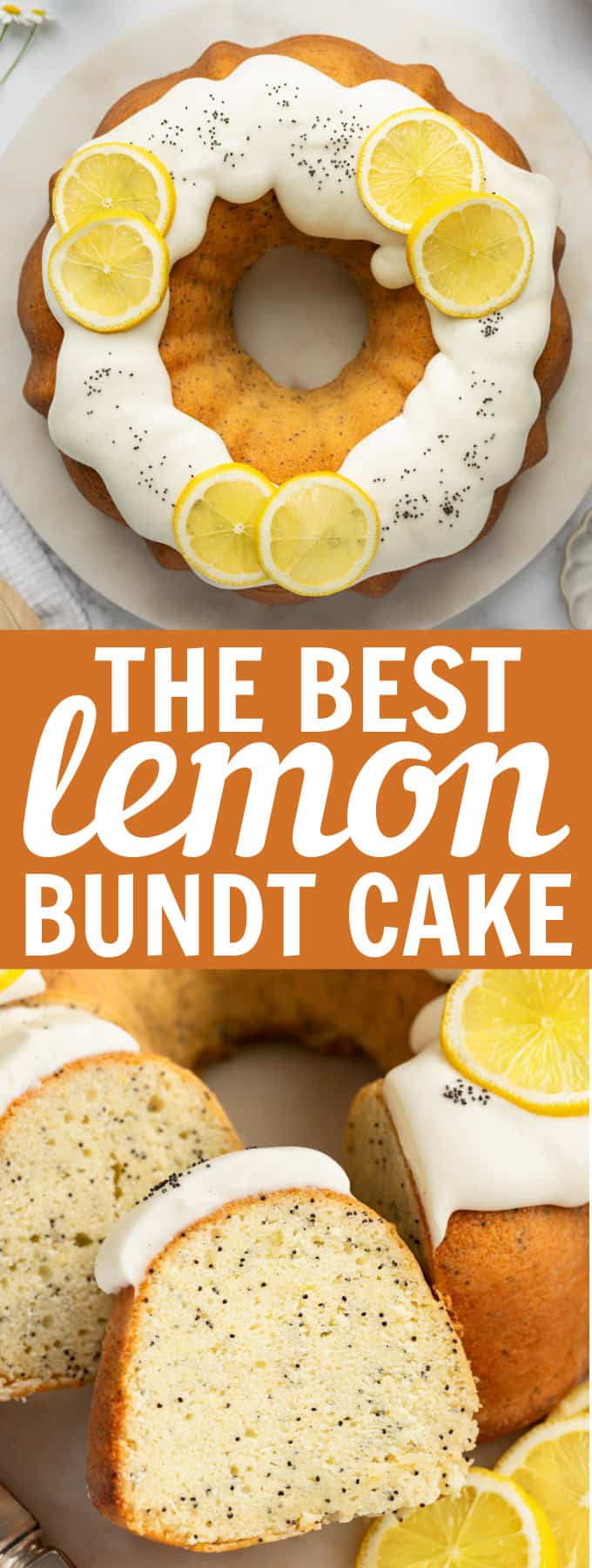 A lemon bundt cake on a white plate.