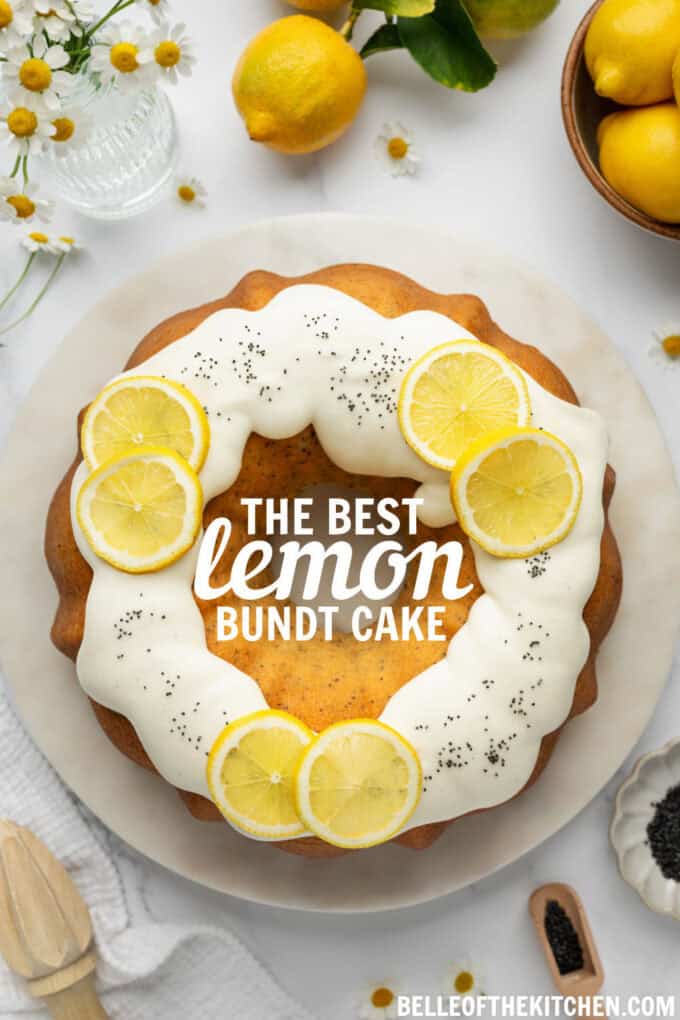 A lemon bundt cake on a white plate.