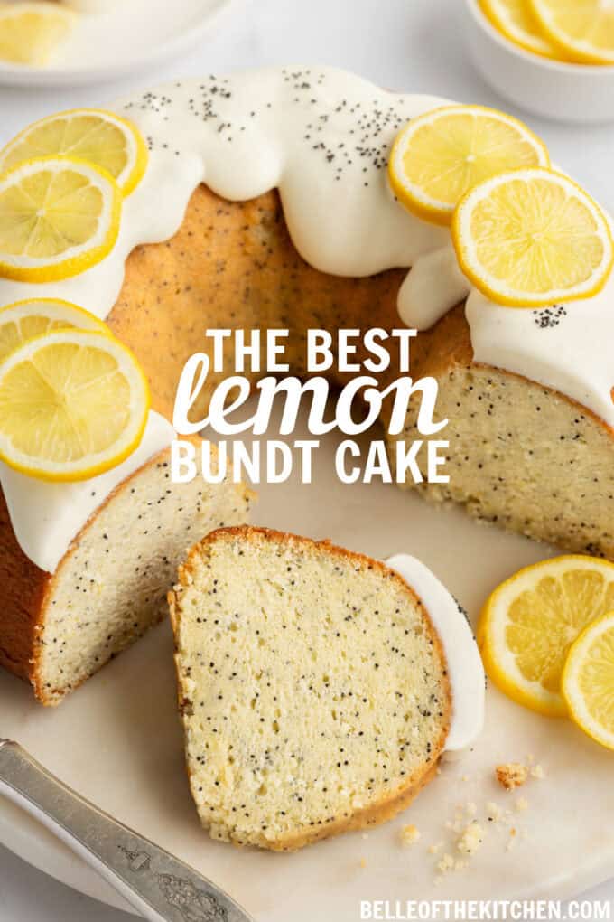 Slices of lemon bundt cake on a cake stand.