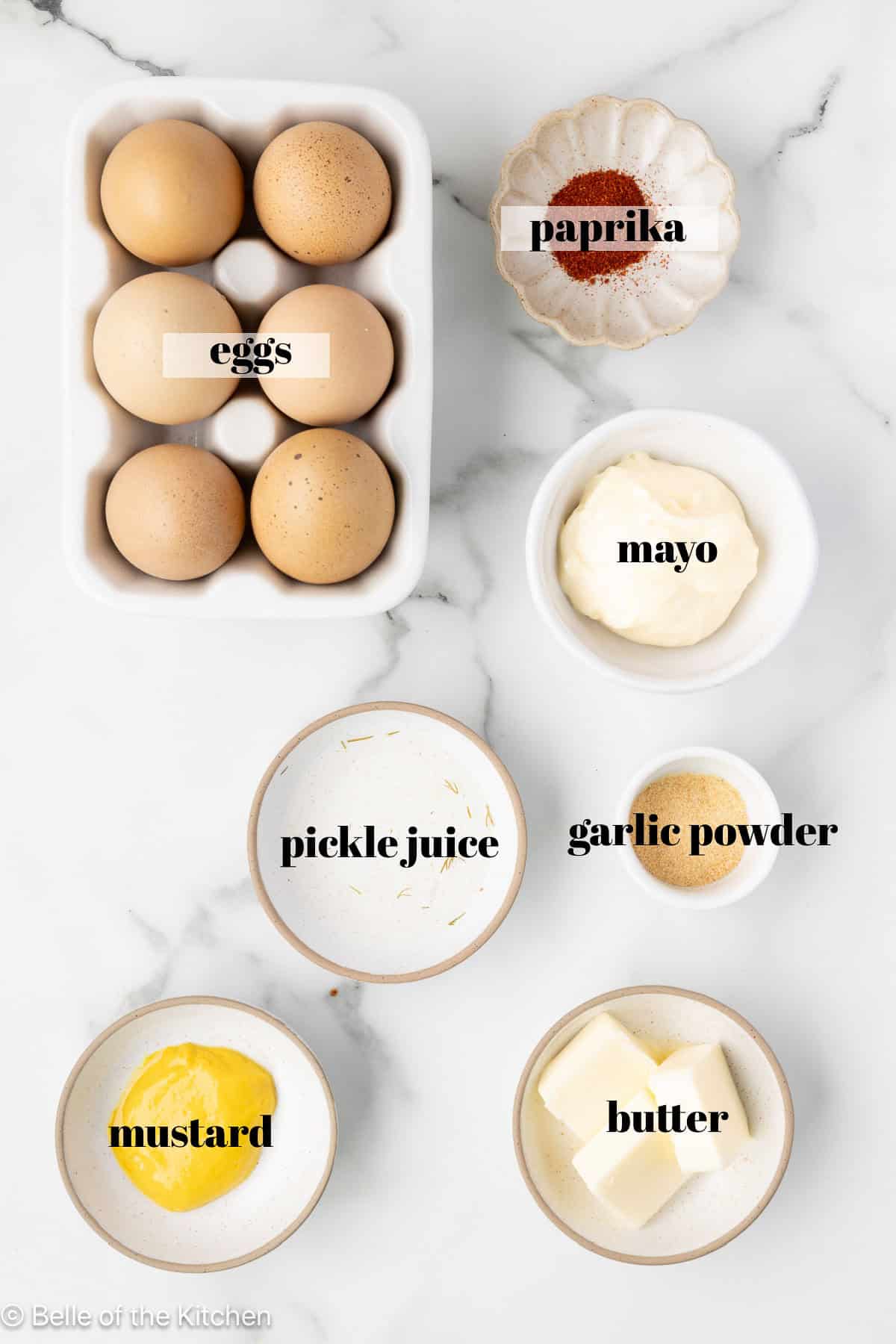 ingredients on a marble counter top.