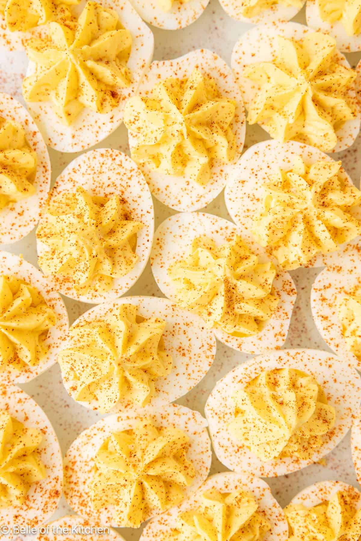 a close up shot of deviled eggs.