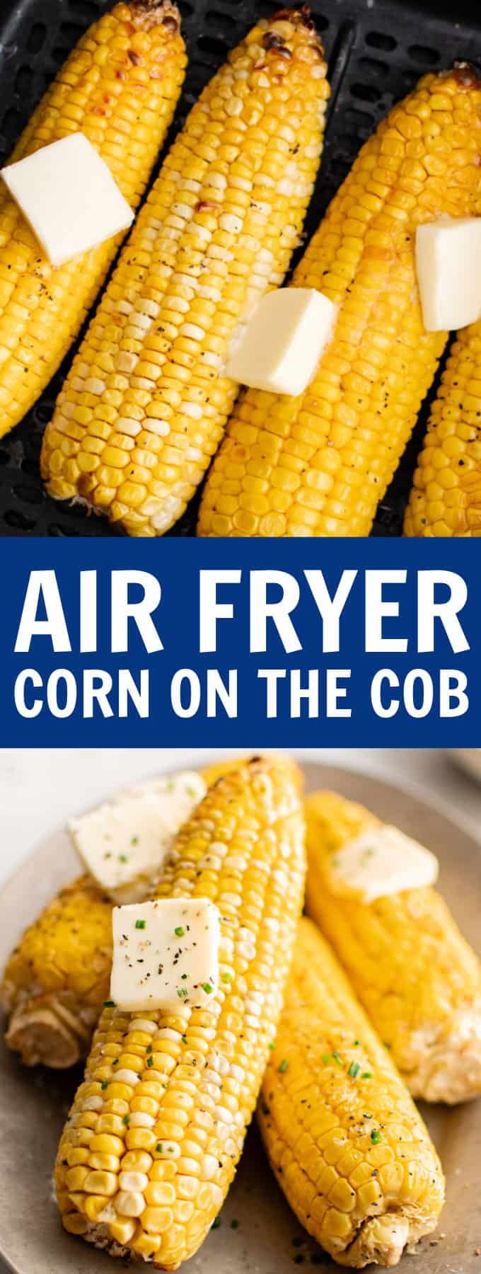 Ears of cooked corn on a plate with pats of butter on top.
