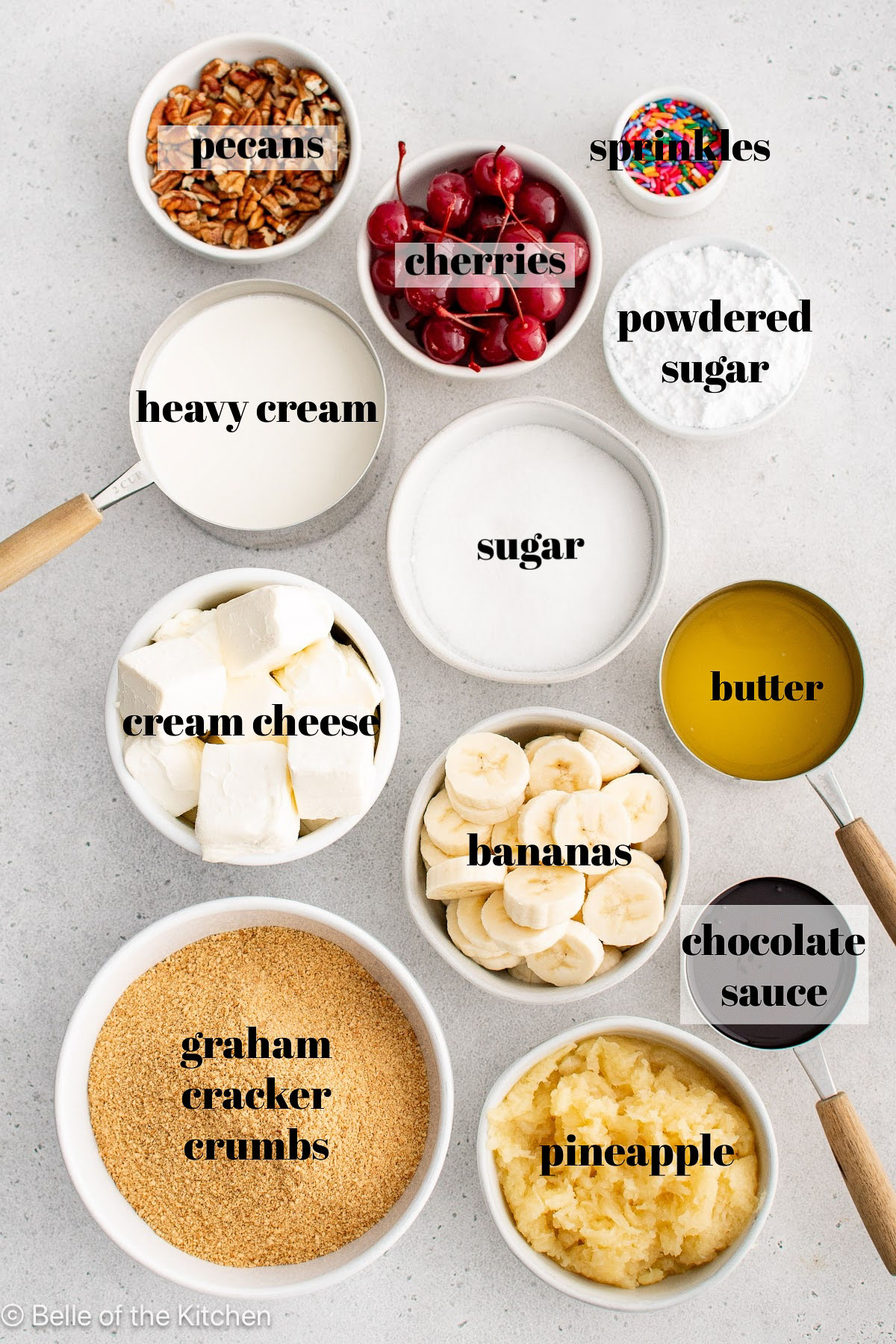 Ingredients in bowls on a counter top.