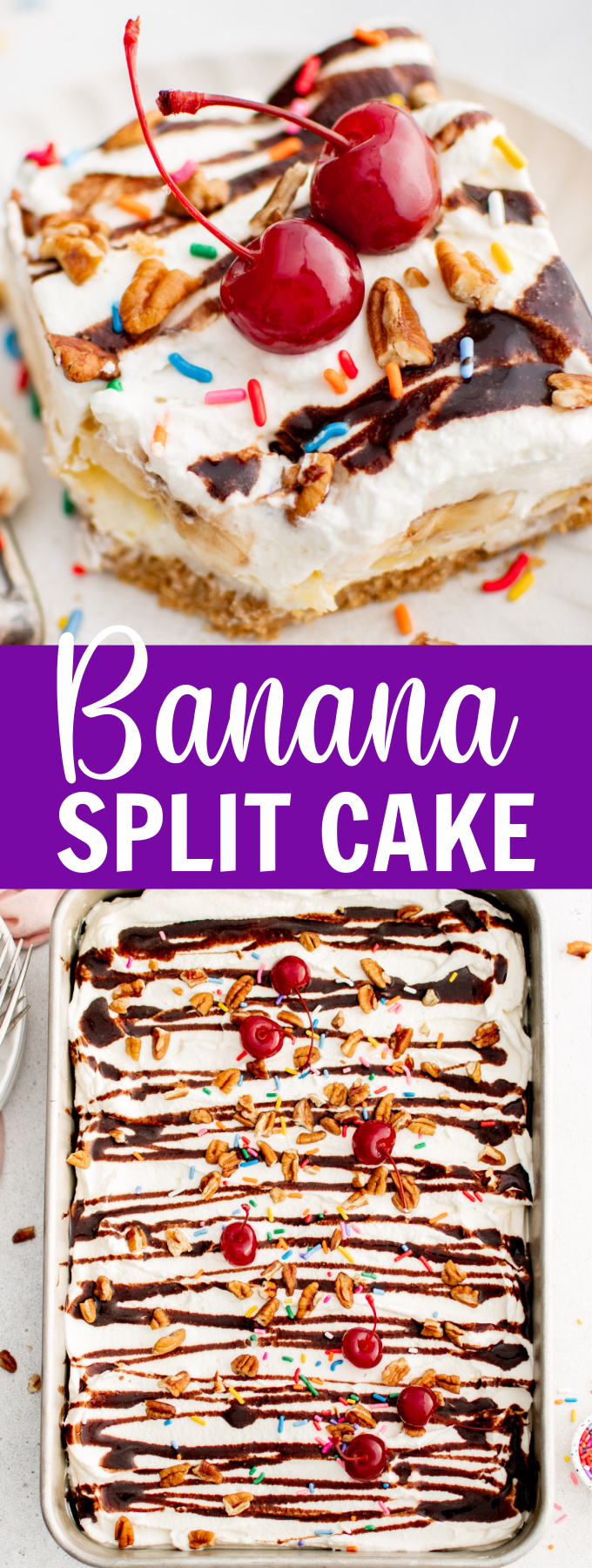 A slice of banana split cake on a plate with cherries on top next to a fork.