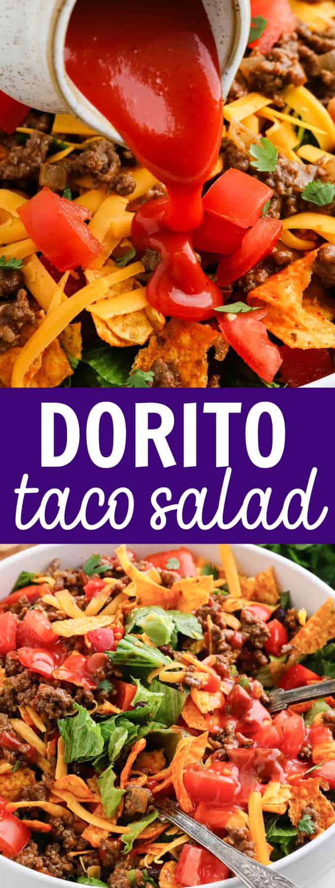 savory Dorito taco salad with seasoned ground beef, fresh tomatoes, shredded cheese, and crispy chips