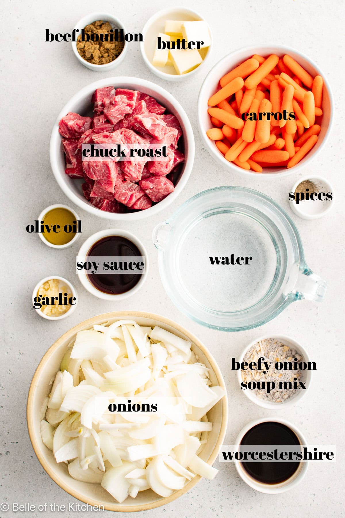 Ingredients in bowls on a counter top.