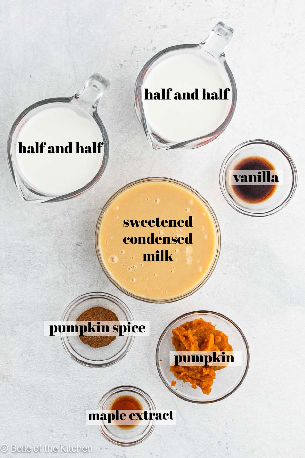 Bowls of ingredients on a white counter top.