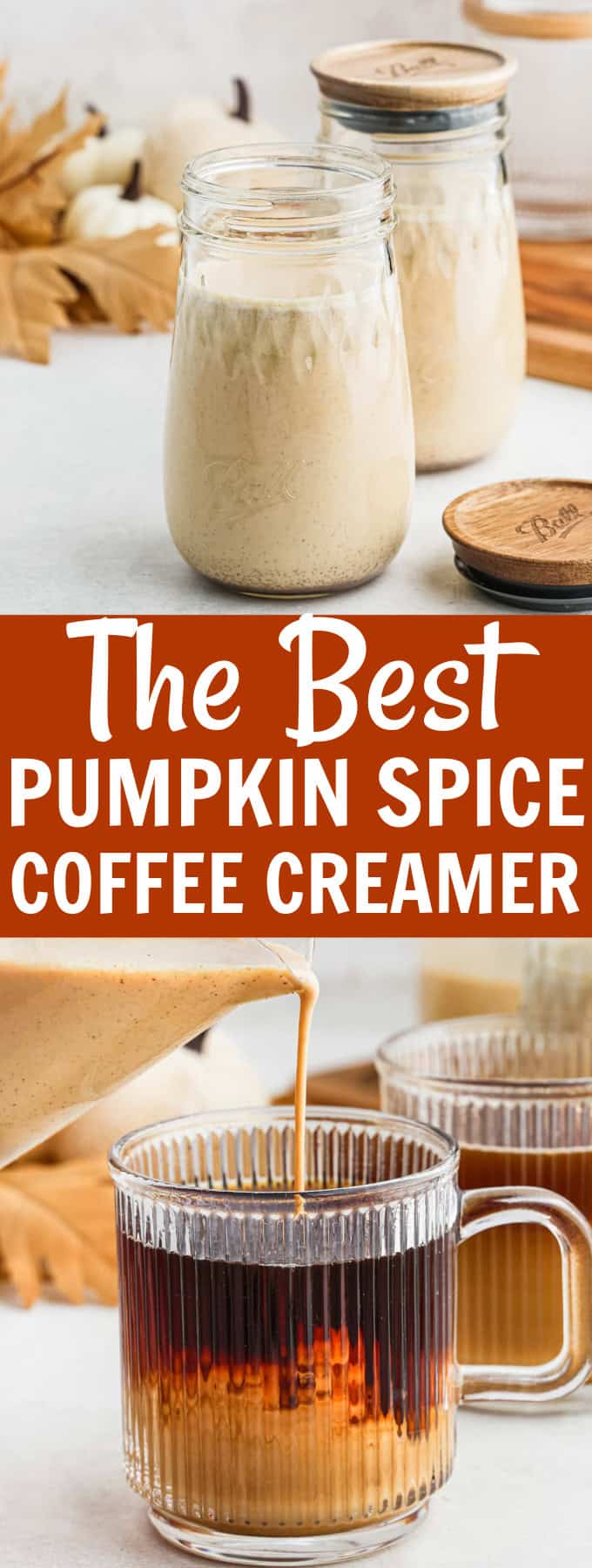 Decorative mason jars full of pumpkin coffee creamer.