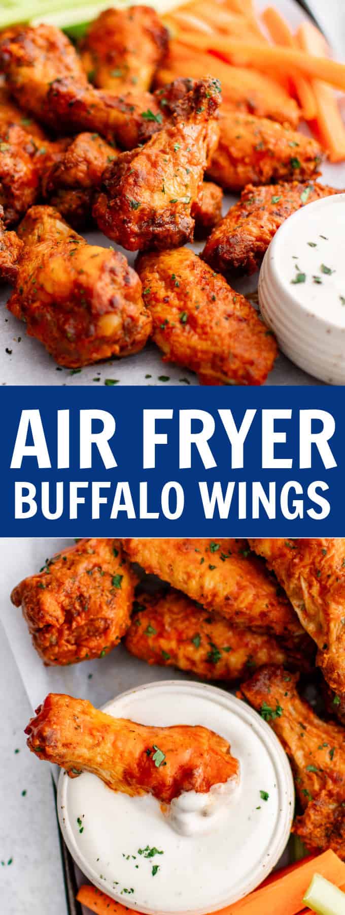 Buffalo wings on a tray with a bowl of ranch, carrots, and celery sticks.