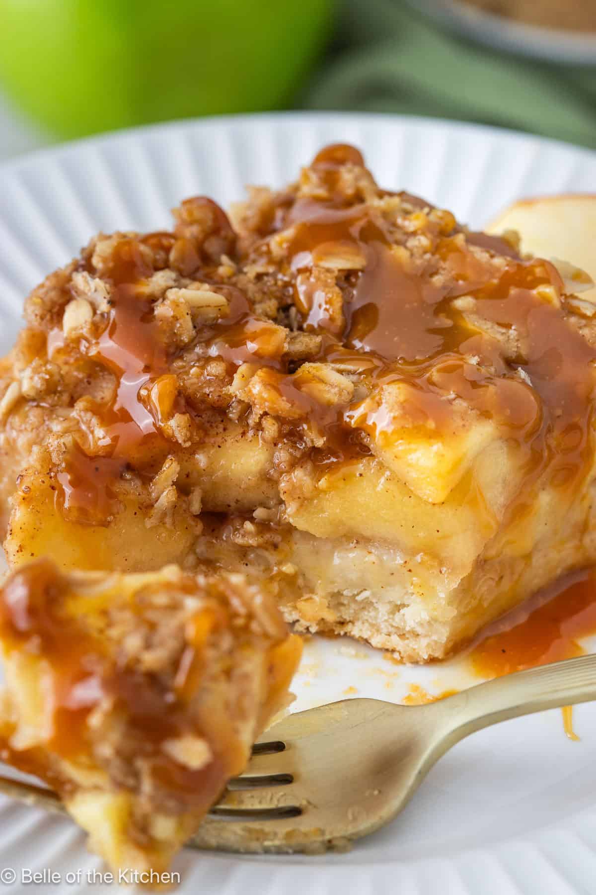 A slice of apple pie with a fork on a white plate.