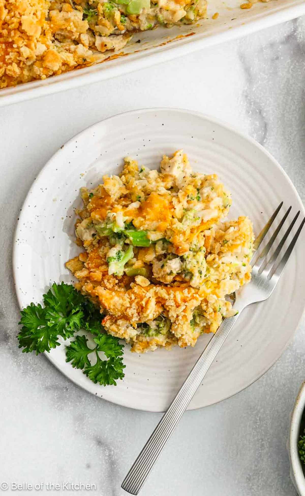 Chicken broccoli rice casserole on a plate.