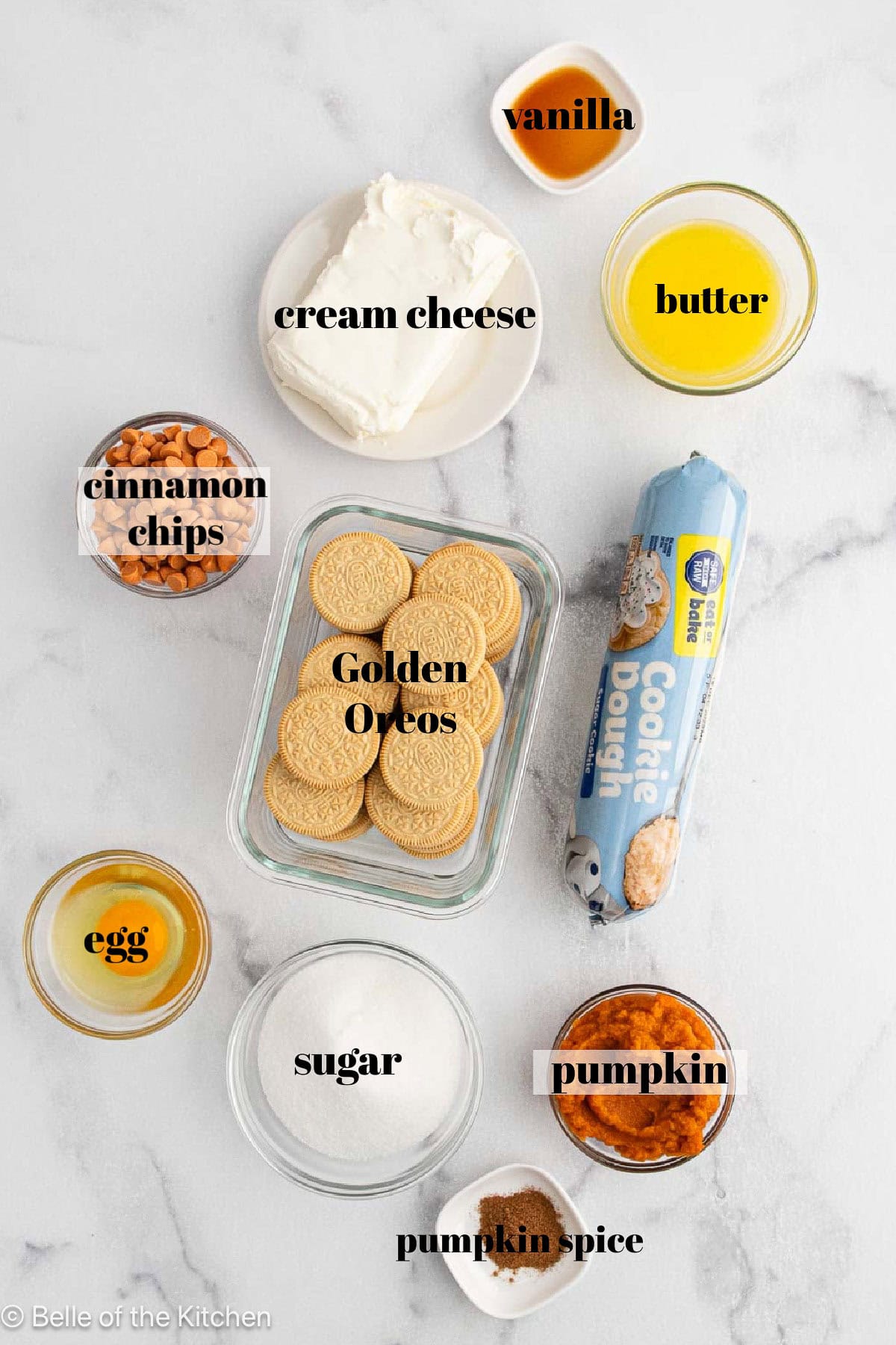 Ingredients in bowls on a counter top.