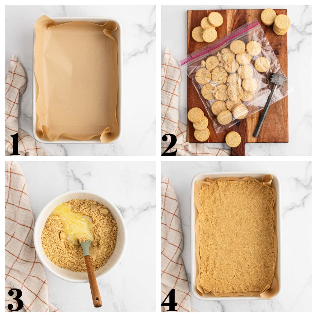 Step by step photos for making pumpkin cheesecake bars.