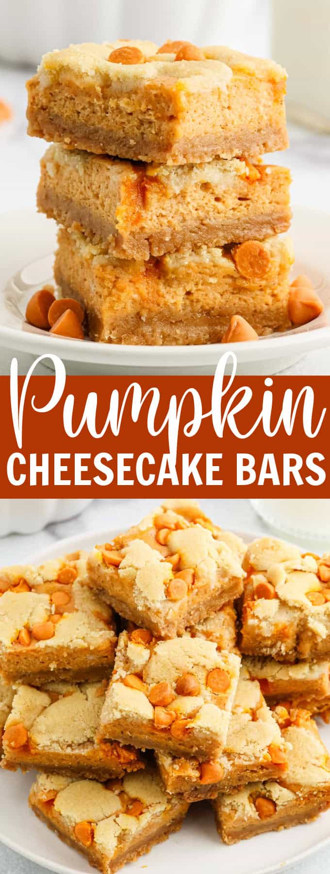Three pumpkin cheesecake bars stacked on a plate.