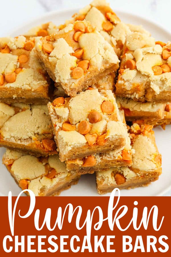 A large stack of pumpkin cheesecake bars on a white plate.