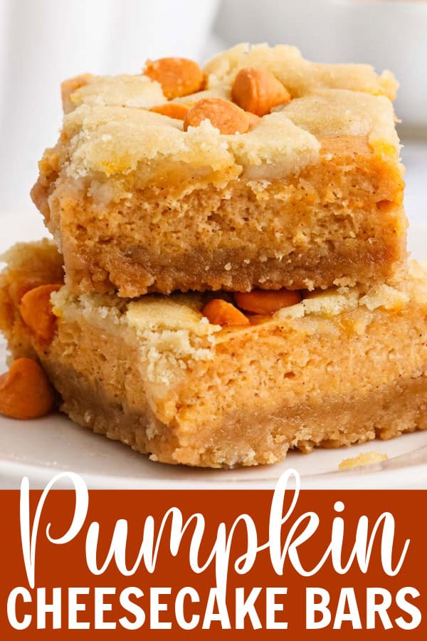 Two pumpkin cheesecake bars stacked on a plate