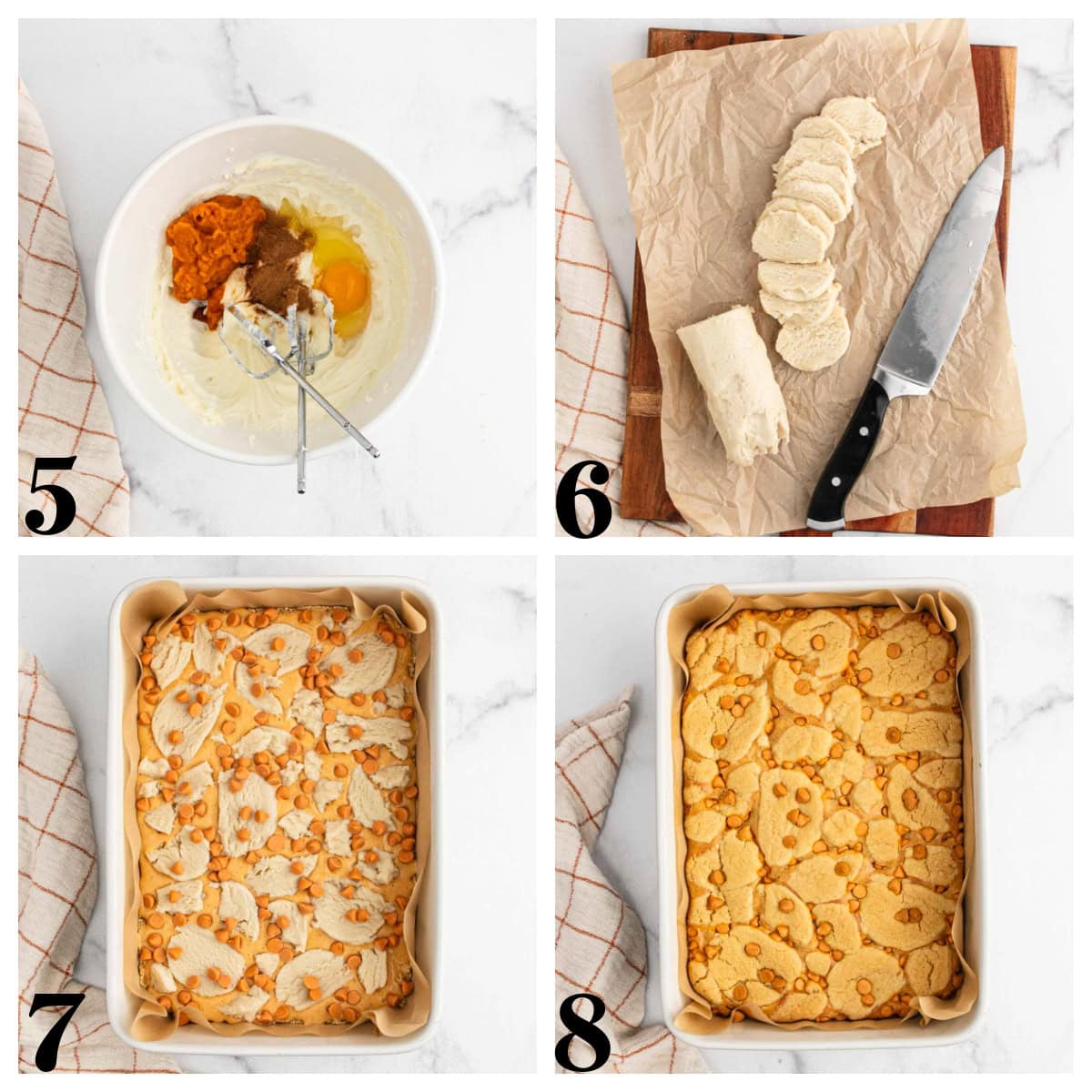 Step by step photos for making pumpkin cheesecake bars.