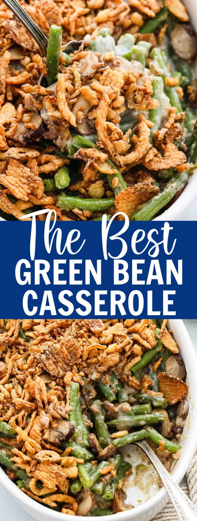 Close up shot of a spoon scooping up green bean casserole from a white baking dish.