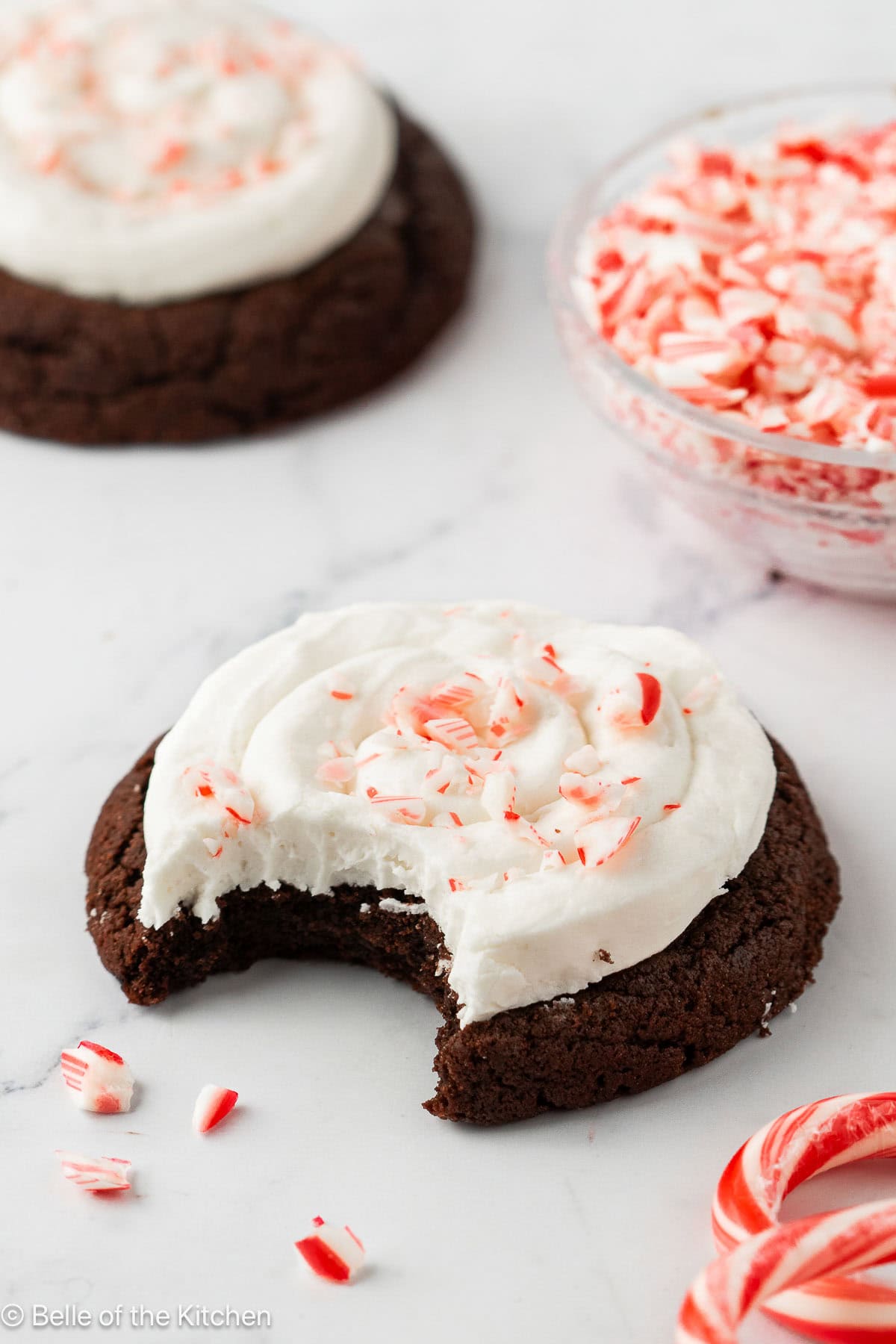 A chocolate cookie with frosting and candy canes on top with a bite taken out.