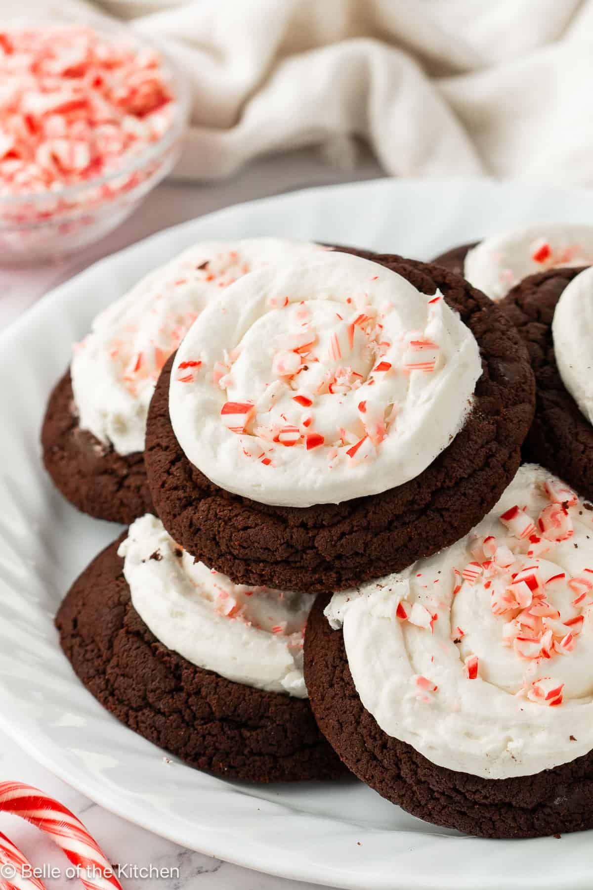 Chocolate cookies topped with frosting and crushed candy canes.