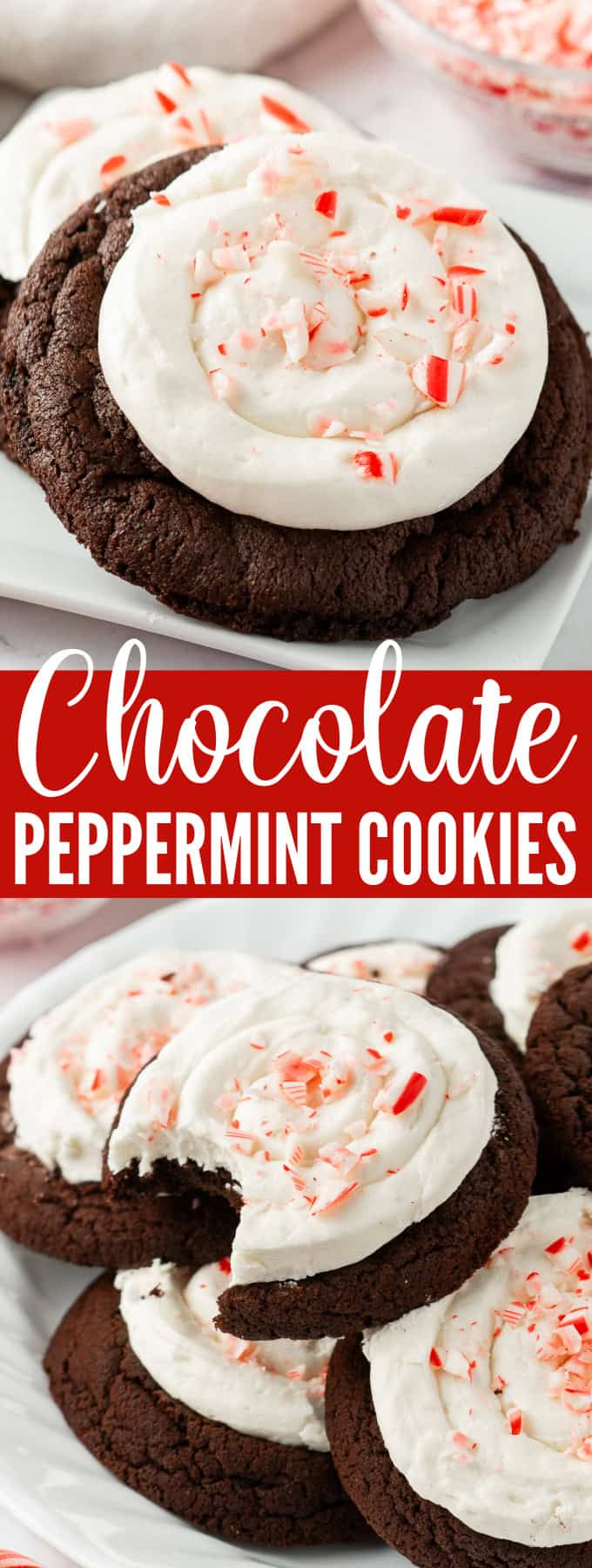 Chocolate cookies topped with frosting and crushed candy canes on a white plate.