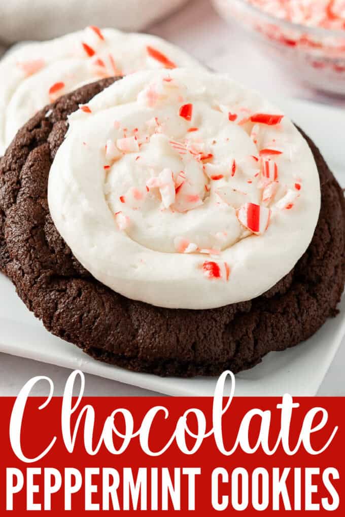 Chocolate cookies topped with frosting and crushed candy canes on a white plate.