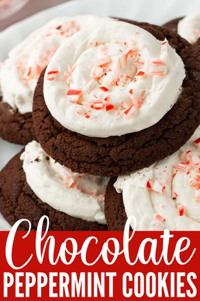 Chocolate cookies topped with frosting and crushed candy canes.