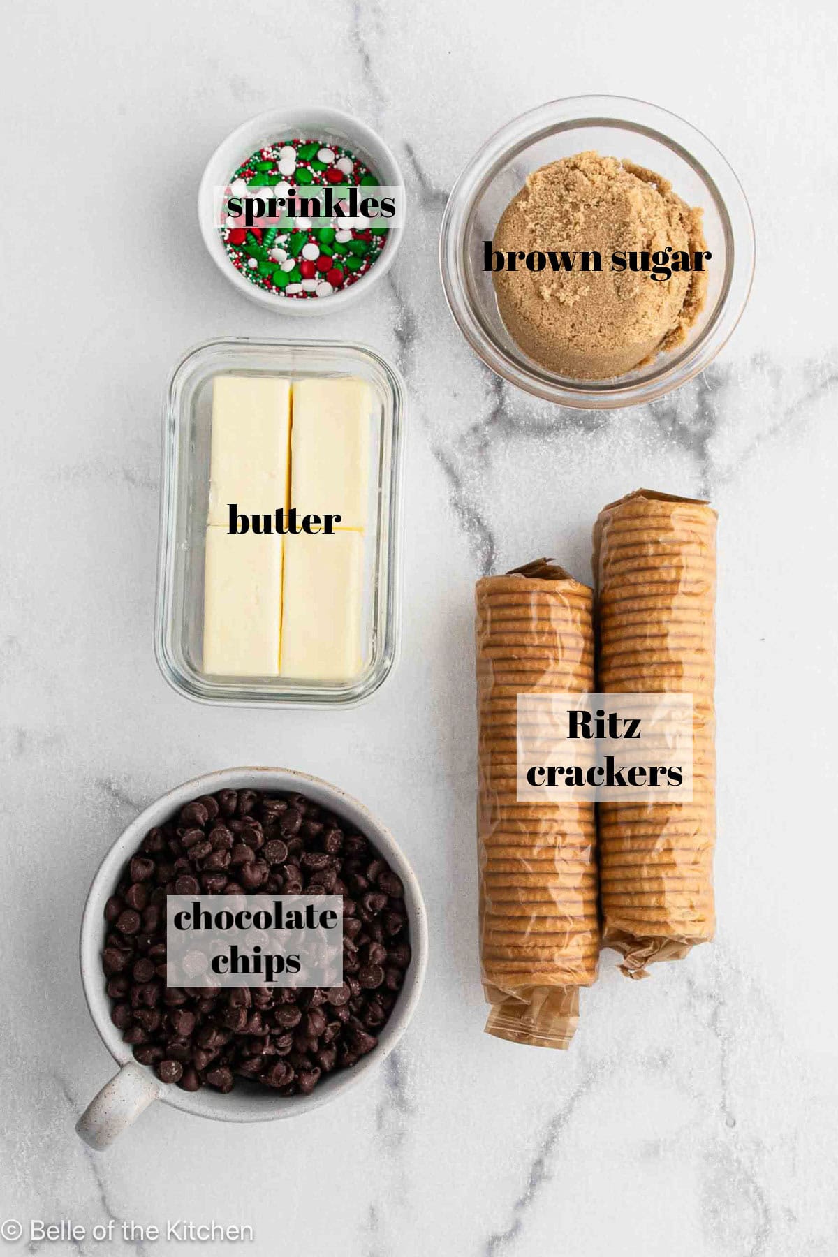 Ingredients laid out on a marble counter top.