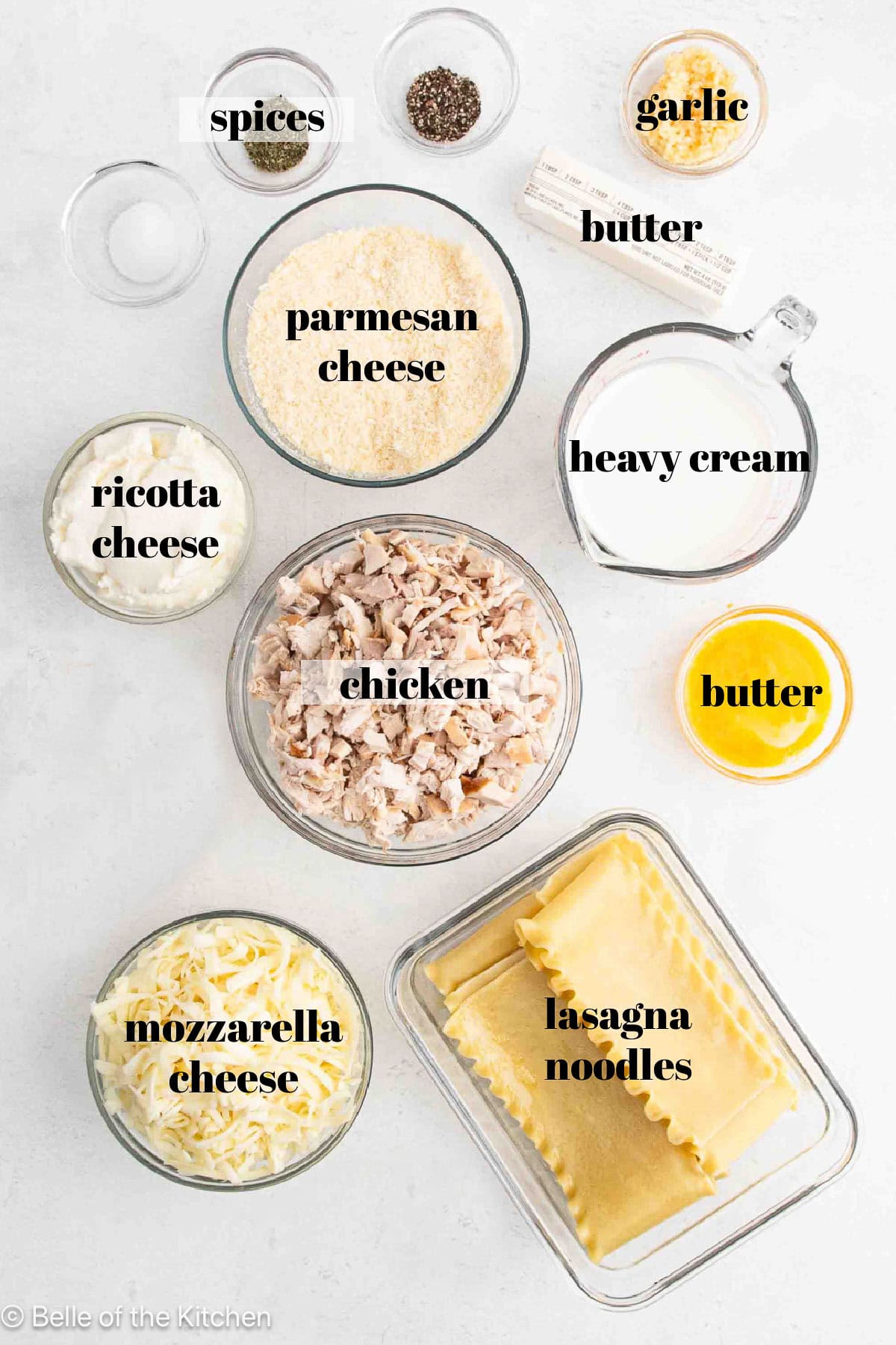 Ingredients in bowls on a counter top.