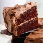A slice of chocolate cake on a spatula.
