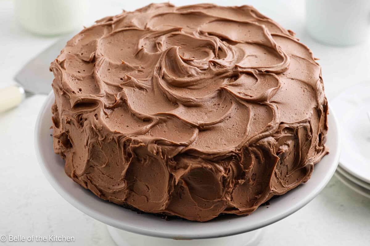 A round chocolate cake with chocolate frosting.