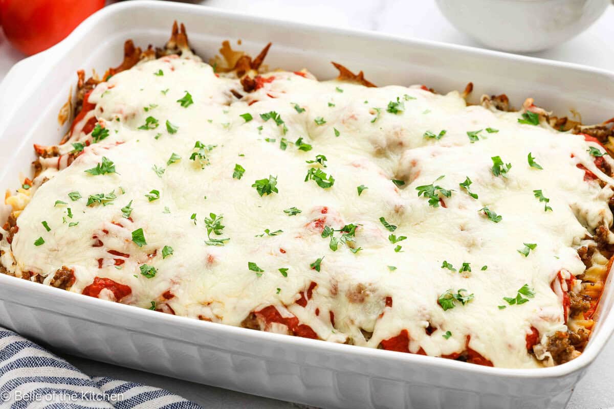 A baking dish full of baked pasta.