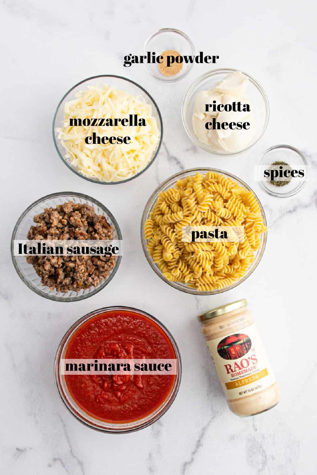 Ingredients in bowls on a counter top.