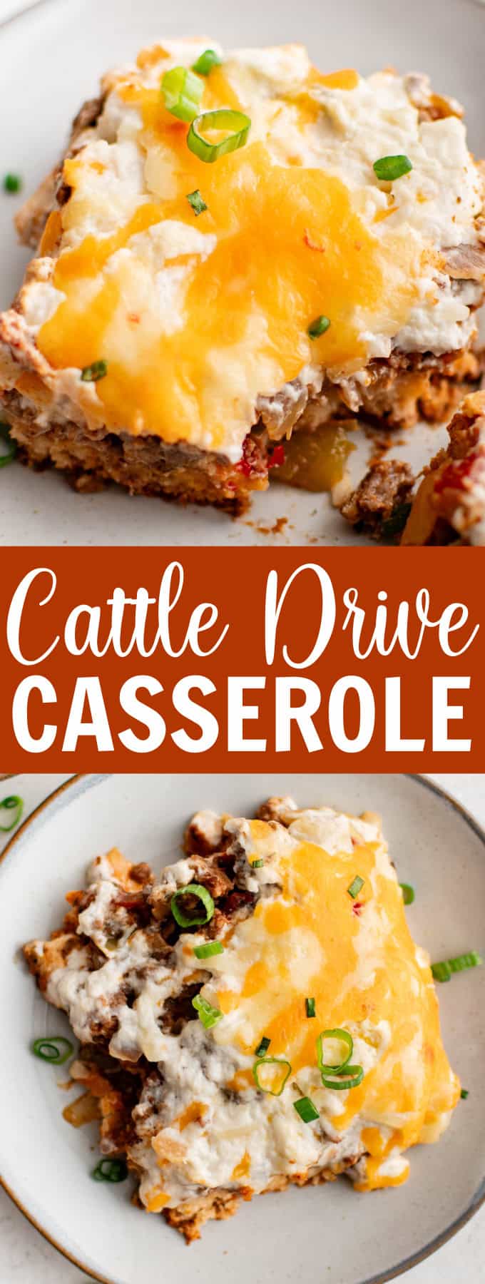 A white plate with a square piece of cowboy casserole on it with a fork.