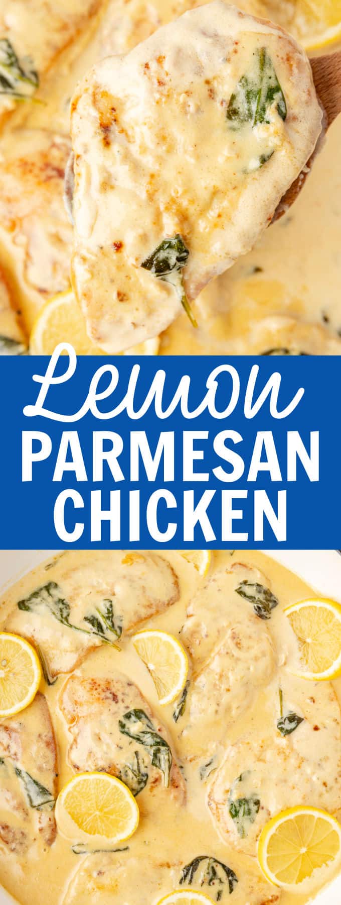 A wooden spoon holding a chicken breast out of a skillet.