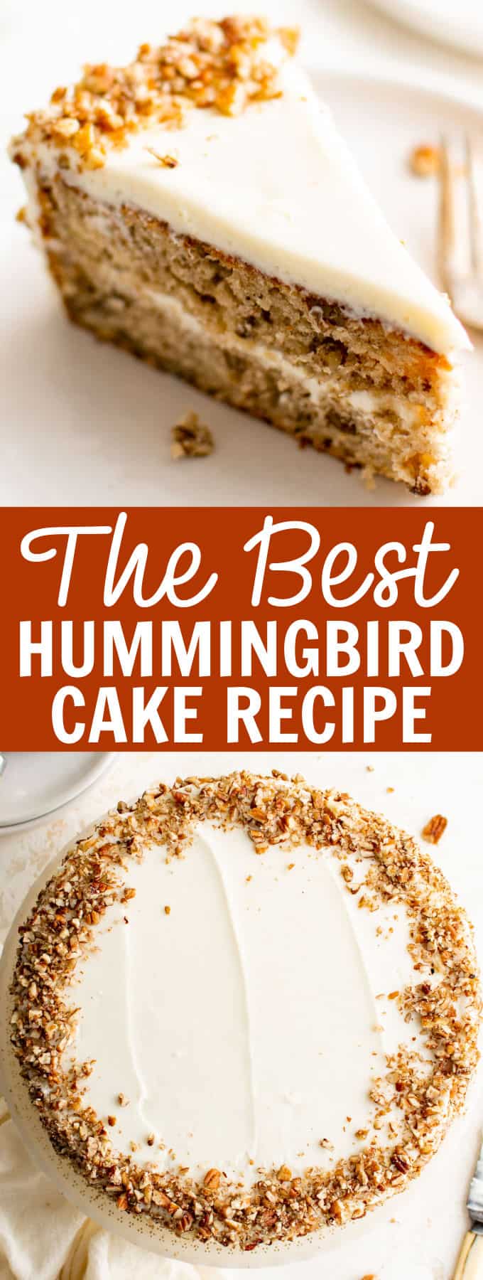 A slice of hummingbird cake on a white plate.