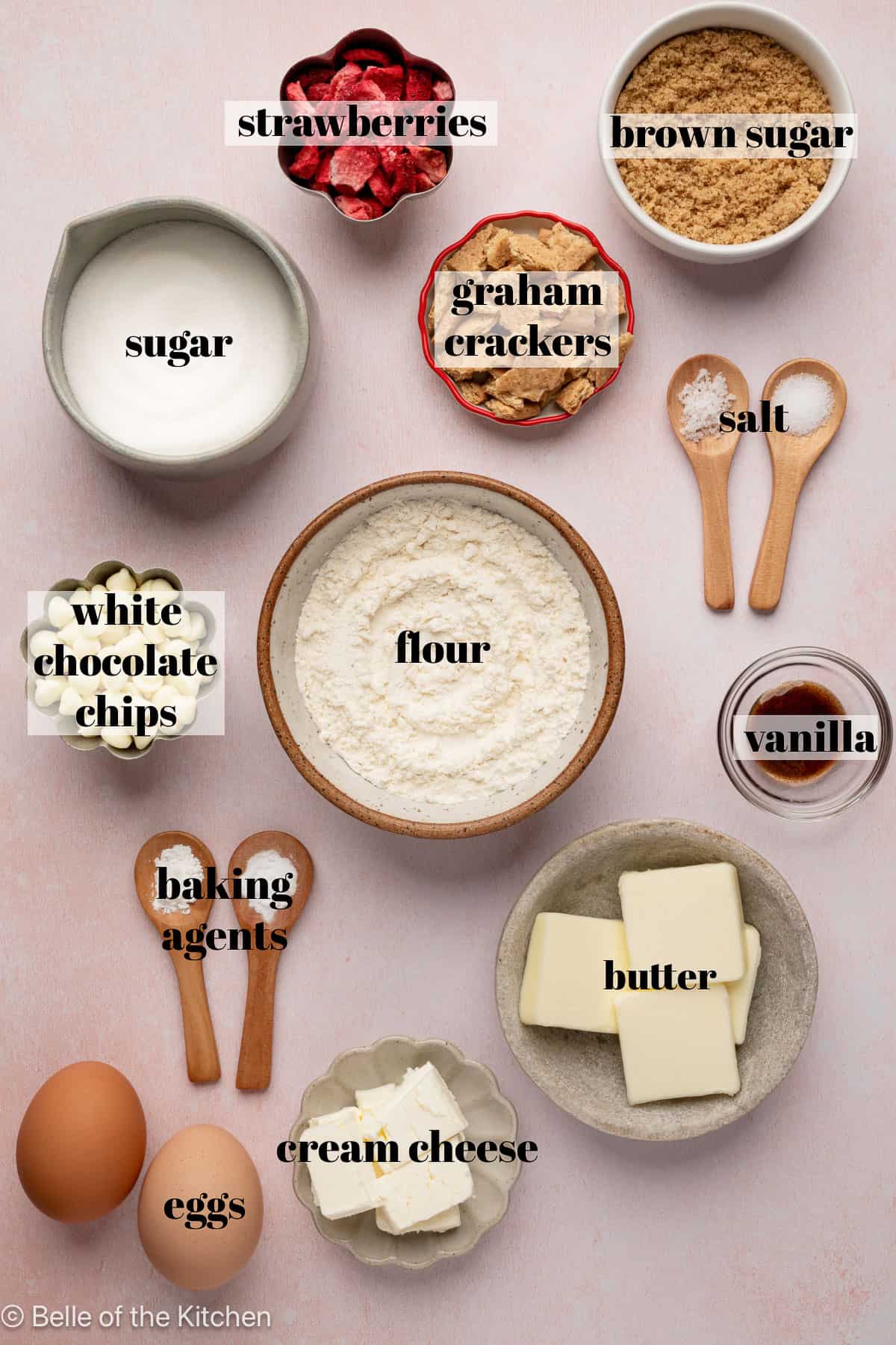 Ingredients in bowls on a counter top.