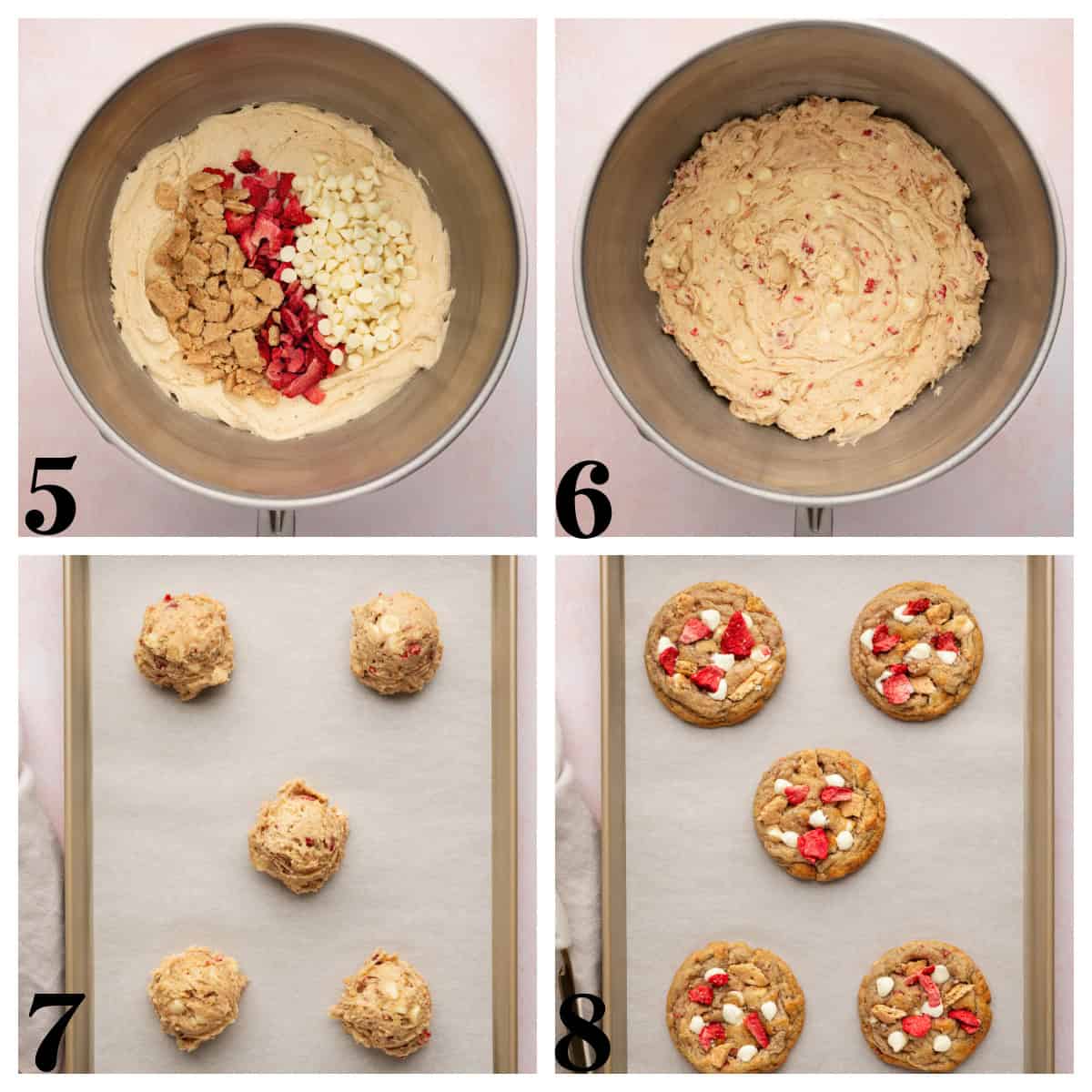 Step by step photos for making strawberry cheesecake cookies.