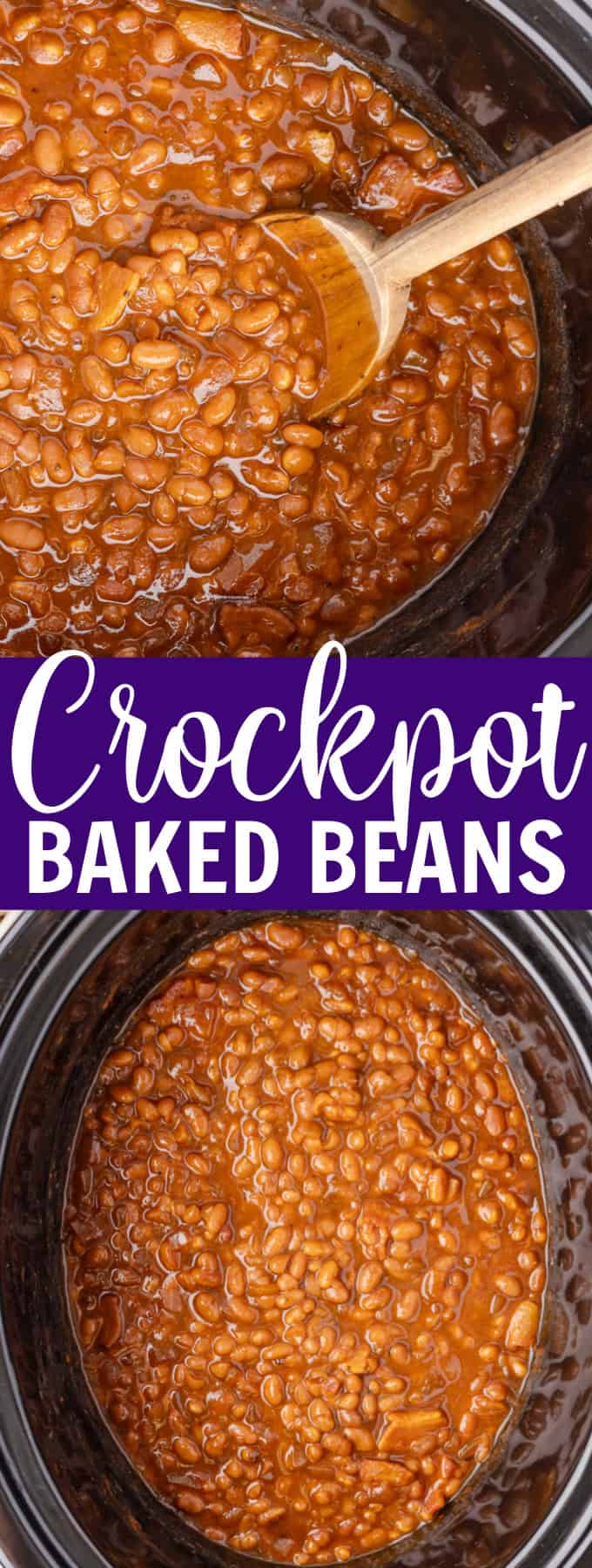 A black crockpot full of baked beans and a wooden spoon.