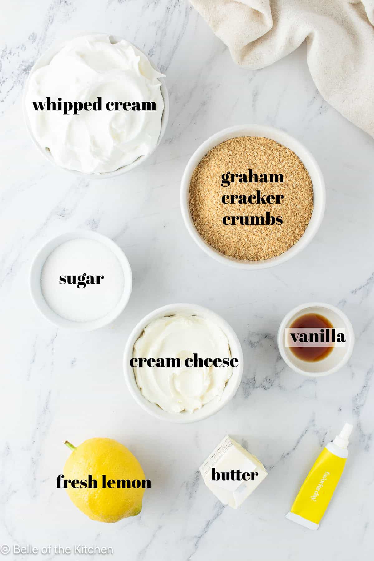 Bowls of ingredients on a counter top.