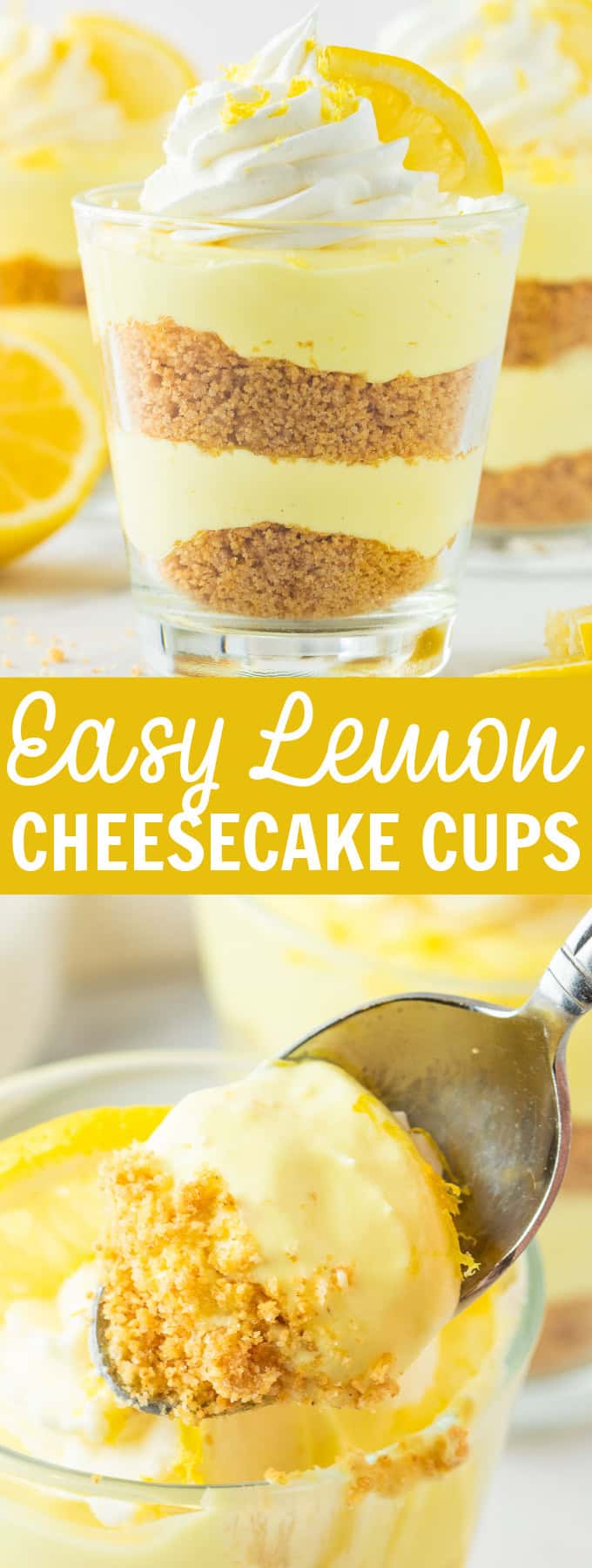 A cup of lemon cheesecake with whipped cream and a lemon on top.