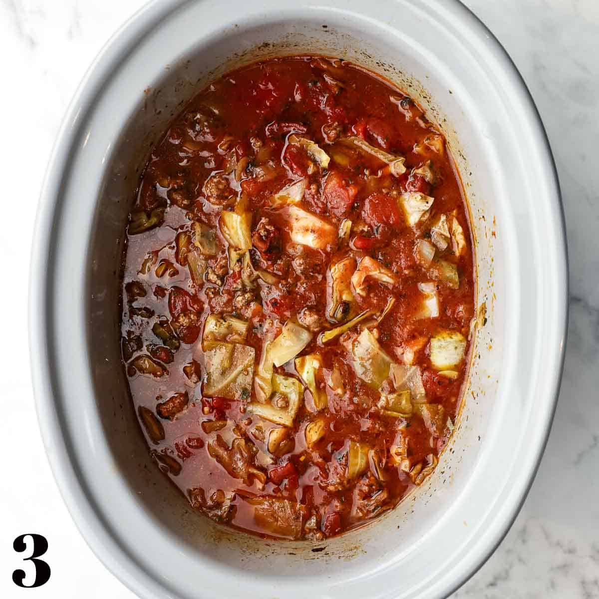 A crockpot full of cabbage roll soup.