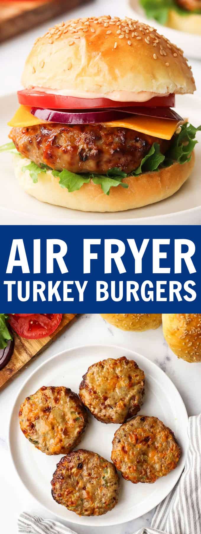 A turkey burger with a bun and toppings on a white plate.