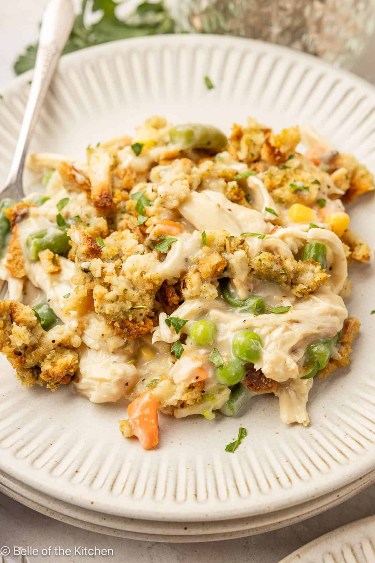 A white plate with chicken casserole and a fork on the side.